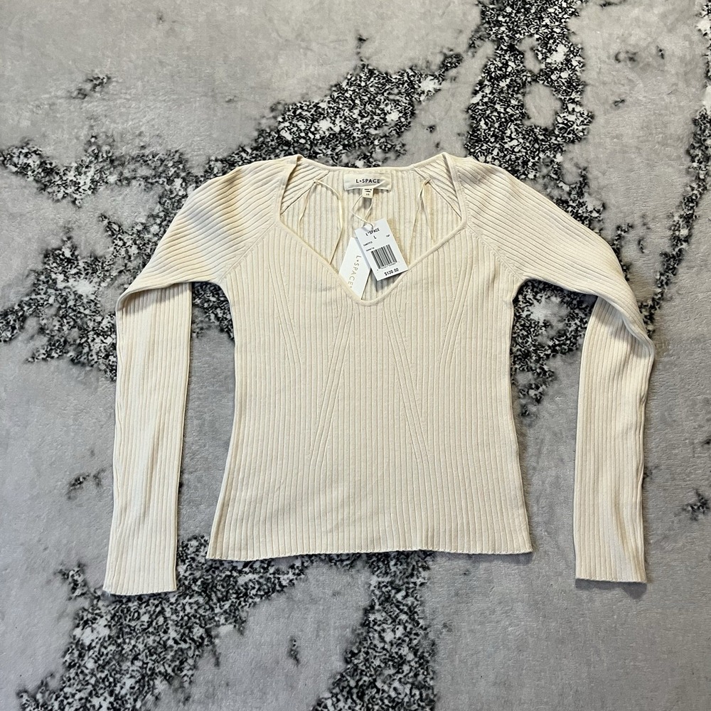 L Space Sweater Womens Size Large Cream Camryn Fitted Ribbed Knit Long‎ Sleeve
